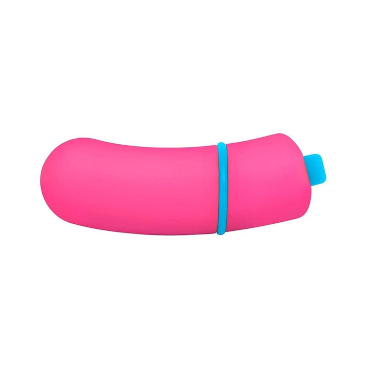 Compact pink Jelly Bean bullet vibrator with a curved shape and blue accent ring on a white background.