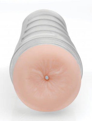 Clear and flesh-toned personal stroker molded from Jesse Jane’s anatomy with textured interior and ribbed exterior.