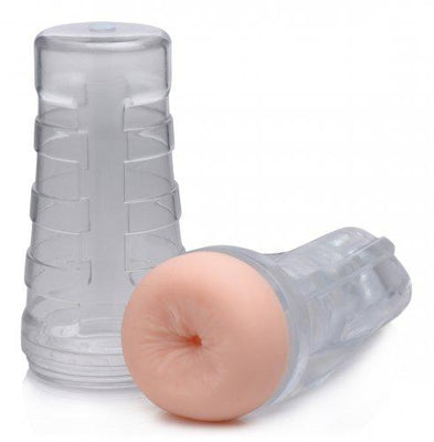 Clear personal stroker with flesh-toned realistic molded opening and textured interior sleeve for enhanced sensation.