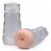 Clear personal stroker with flesh-toned realistic molded opening and textured interior sleeve for enhanced sensation.