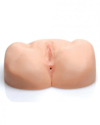 Realistic beige dual-entry adult masturbator toy modeled after female anatomy, featuring both vaginal and anal openings.