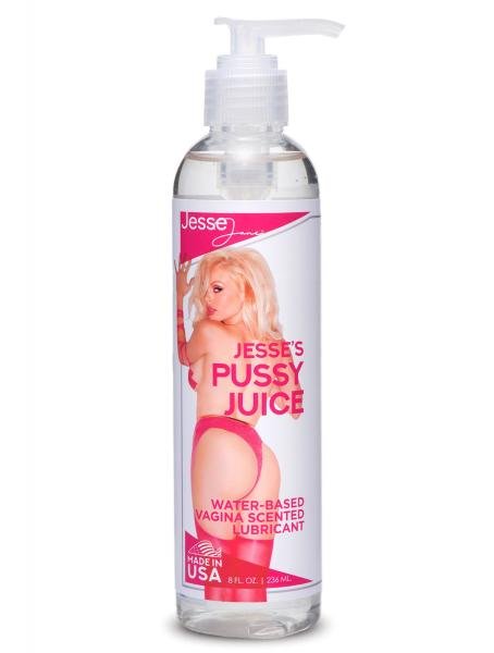 Clear pump bottle of Jesse's Pussy Juice water-based vagina scented lubricant with pink label and image of blonde woman in red lingerie.