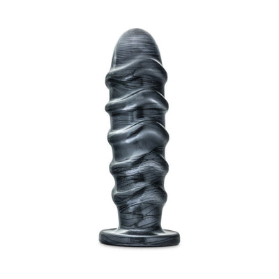 Jet Annihilator carbon metallic black tapered butt plug with textured ridges and flared suction cup base.