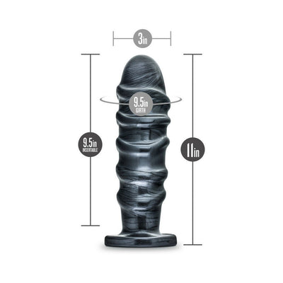 Carbon metallic black tapered plug with textured design and flared suction cup base, measuring 11 inches long and 3 inches wide.
