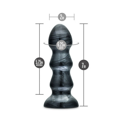 Black metallic textured flexible PVC bulb with flared suction cup base and size measurements displayed.