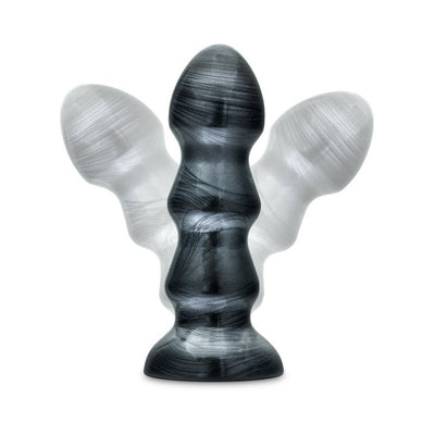 Black metallic textured flexible bulb with flared suction cup base shown in motion on white background.