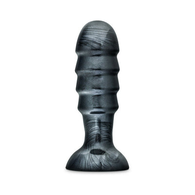 Jet Bruiser carbon metallic black tapered butt plug with ribbed texture and suction cup base on white background.