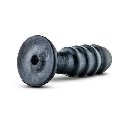 Jet Bruiser Carbon Metallic Black tapered anal plug with ribbed texture and suction cup base on white background.