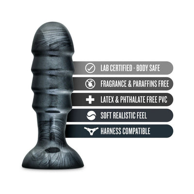 Jet Bruiser Carbon Metallic Black tapered plug with suction base and key features listed beside it.