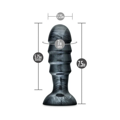 Jet Bruiser Carbon Metallic Black tapered butt plug with suction base and size measurements displayed.