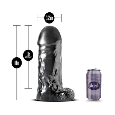 Jet Destroyer Carbon Metallic Black realistic dildo with 10-inch length and 3.25-inch width next to a soda can for size comparison.