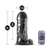 Jet Destroyer Carbon Metallic Black realistic dildo with 10-inch length and 3.25-inch width next to a soda can for size comparison.