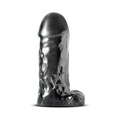 Jet Destroyer realistic dildo in carbon metallic black with large girth and textured veins, standing upright on white background.