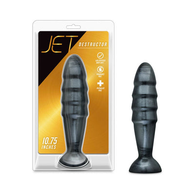 Jet Destructor Carbon Metallic Black ribbed butt plug with flared base shown in packaging and standalone on white background.