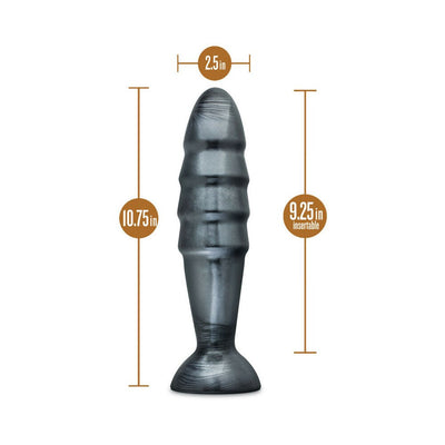 Jet Destructor Carbon Metallic Black butt plug with ribbed texture and flared base, measuring 10.75 inches long and 2.5 inches wide.