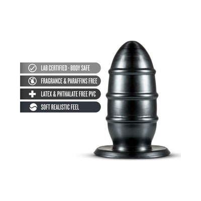 Jet Fuc Plug in metallic black with three smooth rings and flared base, lab-certified body-safe PVC material.