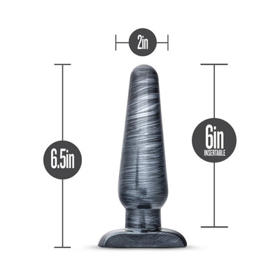 Large tapered black and gray metallic PVC plug with measurements showing 6.5 inches total length and 2 inches width.