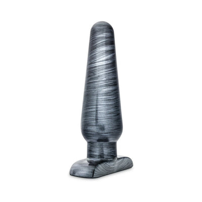 Large tapered butt plug in carbon metallic black with smooth finish and wide base for safety and comfort.