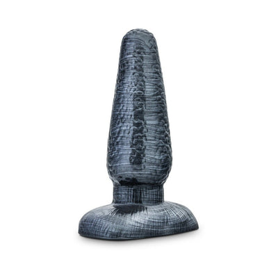 Black tapered 5-inch textured butt plug with a wide base for secure use and easy cleaning.