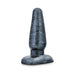 Black tapered 5-inch textured butt plug with a wide base for secure use and easy cleaning.