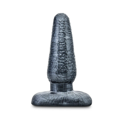Black textured tapered 5-inch butt plug with a wide base for secure use.