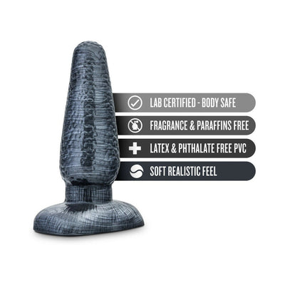 Black tapered 5-inch butt plug with textured surface and safety feature icons on white background.