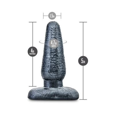 Black tapered butt plug with textured surface, 5 inches long and 1.5 inches wide, shown with size measurements.