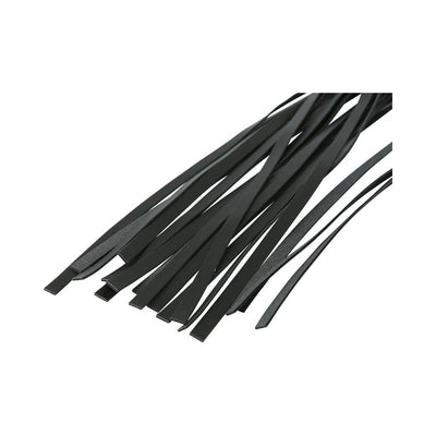 Close-up of black vinyl strips from a Jeweled Flogger for versatile sensory play.