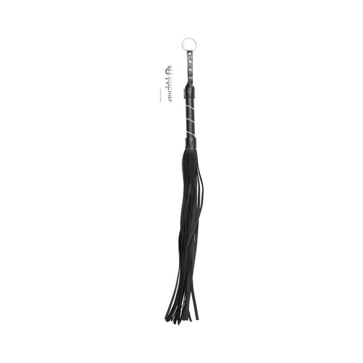 Black vinyl flogger with jeweled handle and wrist loop, 30 inches long for versatile sensation play.