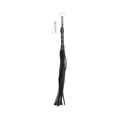Black vinyl flogger with jeweled handle and wrist loop, 30 inches long for versatile sensation play.