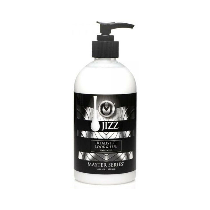 16oz bottle of Jizz unscented water-based lubricant from the Master Series with black pump dispenser and label.