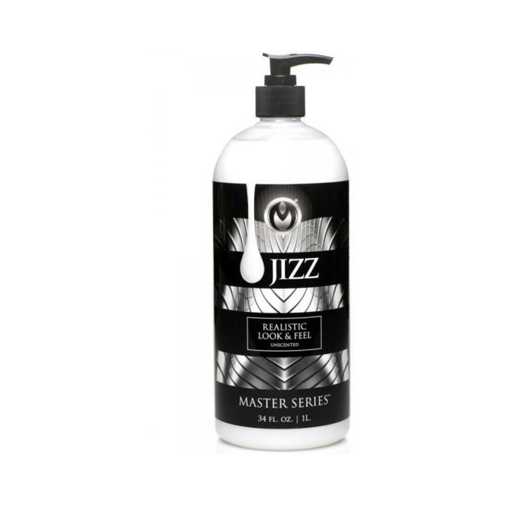 34oz bottle of Jizz unscented water-based lubricant with black and silver label and pump dispenser
