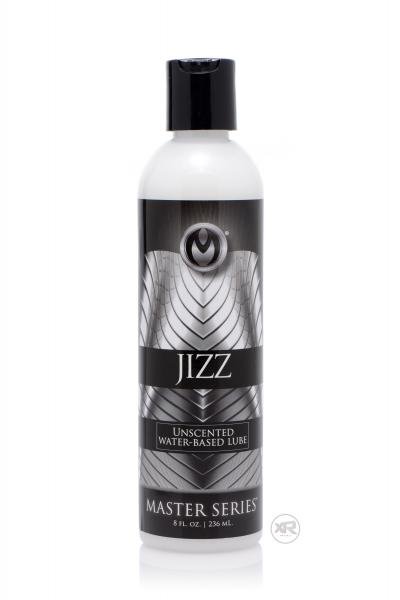 Bottle of Jizz Unscented Water-Based Lubricant 8oz from the Master Series with black and silver label design.