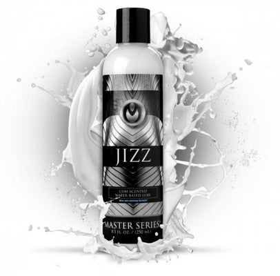 Bottle of Jizz water-based cum scented lubricant with white splash background, 8.5oz size, Master Series label.