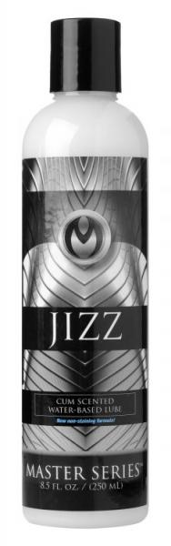 Bottle of Jizz water-based cum scented lubricant from Master Series, 8.5 oz with black and silver label design.