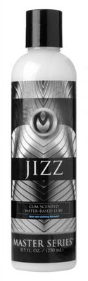 Bottle of Jizz water-based cum scented lubricant from Master Series, 8.5 oz with black and silver label design.