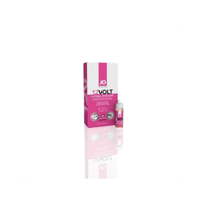 JO 12 Volt For Her clitoral stimulant serum in a small pink and white box with a matching applicator bottle.