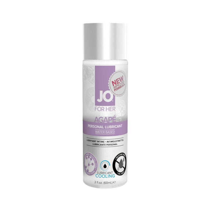 Bottle of JO Agape water-based personal lubricant for women with cooling effect, 2oz size, white and purple label.