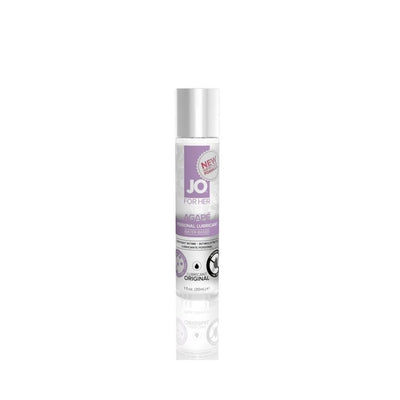 Bottle of JO Agape Original water-based personal lubricant for women with a silver cap and purple label.