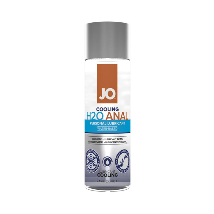 Bottle of JO Anal H2O Cooling water-based personal lubricant with silver cap and blue and orange label.