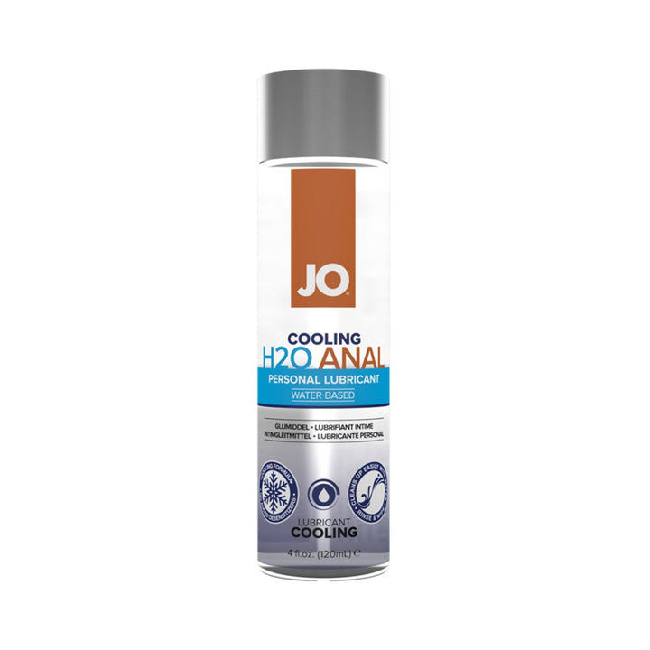 JO H2O Anal Cooling water-based lubricant in a clear 4 oz bottle with silver cap and blue, white, and brown label.