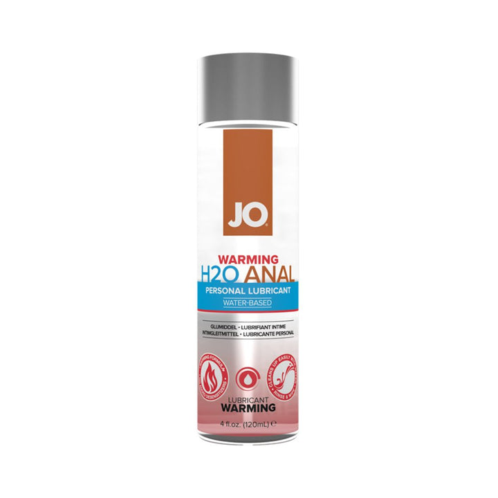 Bottle of Jo Anal H2O Warming water-based personal lubricant with warming formula, 4 oz size.