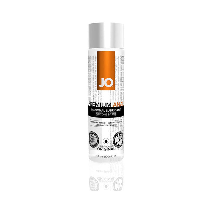 Bottle of JO Anal Premium Silicone Based Personal Lubricant 4 oz with white cap and orange label.