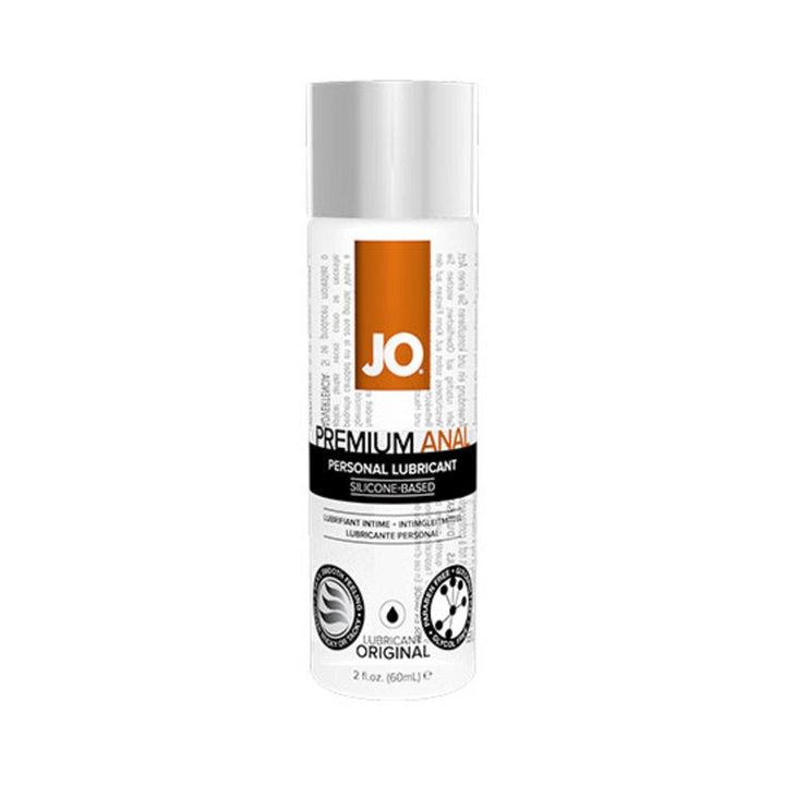 Bottle of Jo Anal Premium Warming Silicone Lubricant 2 oz with white and orange label on a white background.