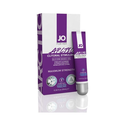 Jo Arctic Clitoral Cooling Gel in purple tube with matching box, maximum strength silicone-based stimulant for enhanced sensation.