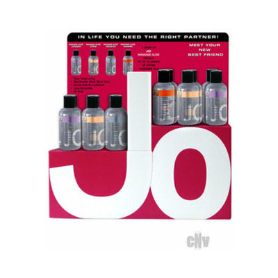 Display of JO Aromatix Massage Oil 4 oz bottles arranged on a red and white branded stand with product information.