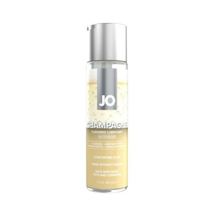Jo Champagne 2oz water-based flavored lubricant bottle with silver cap and bubbly champagne design