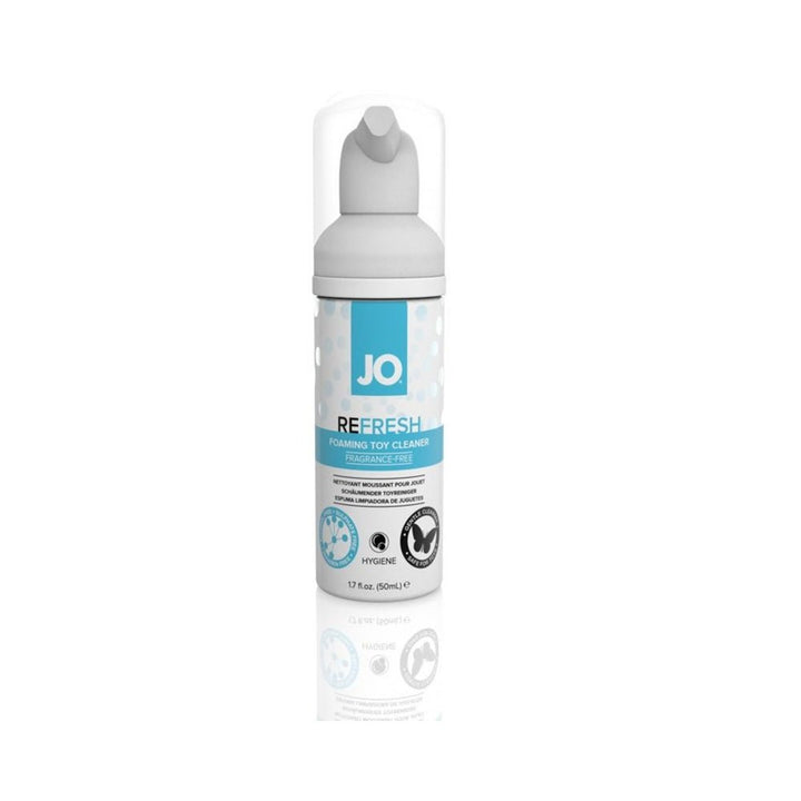Travel size 1.7oz JO Refresh foaming toy cleaner with fragrance-free formula and pump dispenser