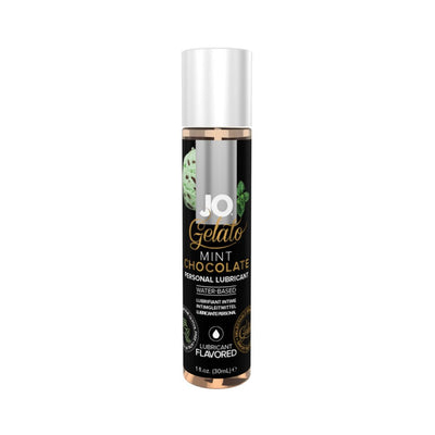 Bottle of Jo Gelato Mint Chocolate flavored water-based personal lubricant 1 fl oz with black and gold label.