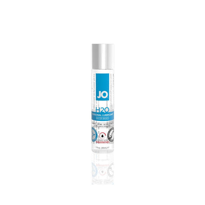 JO H20 water-based warming personal lubricant in a compact 1oz clear bottle with blue and white label.